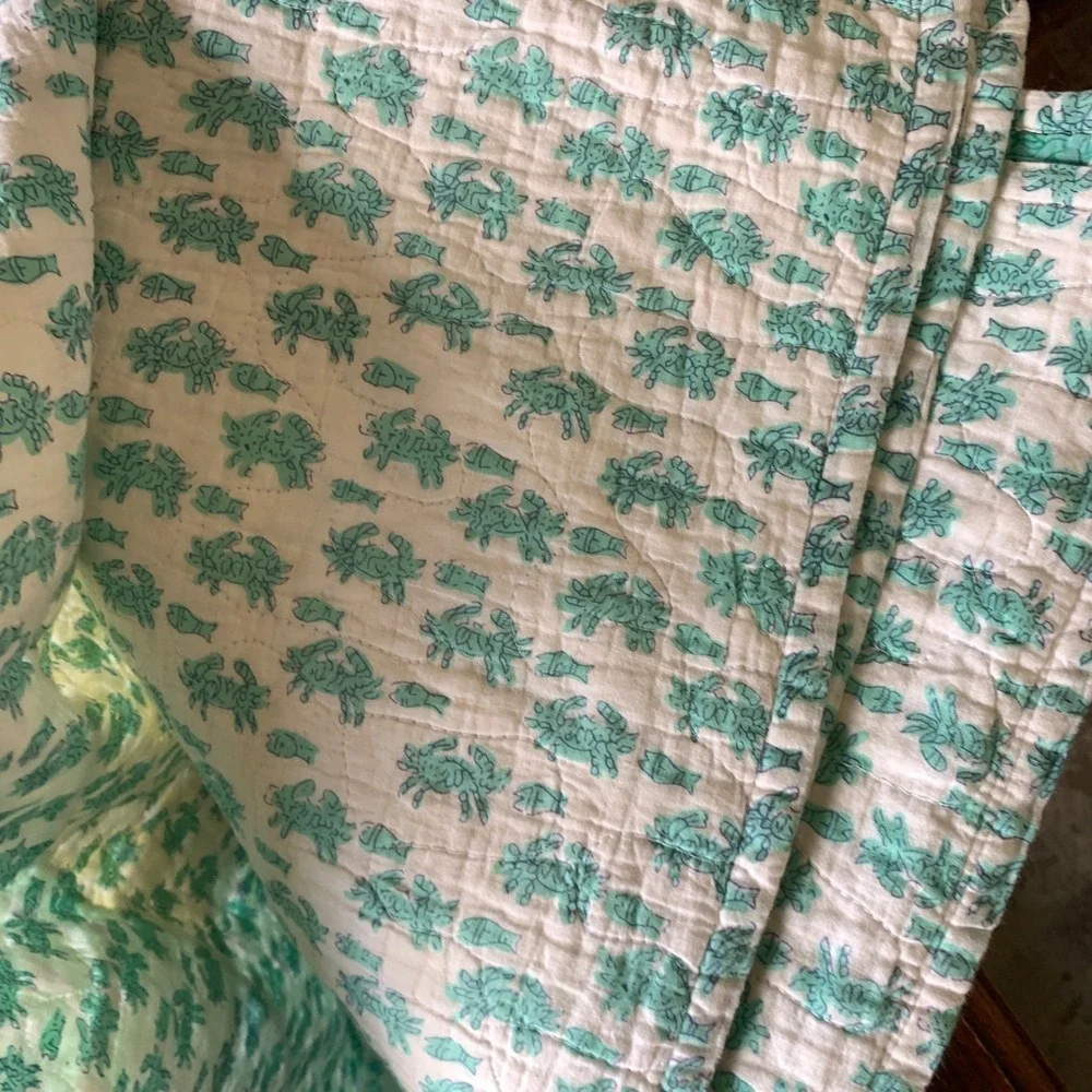 Quilted Patchwork Throw Blanket Multi Green 100% Cotton Block Print Animal‎